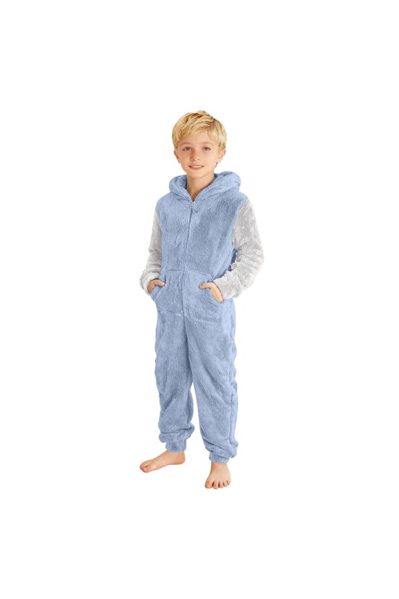 Fleece Boys Jumpsuit Pajamas, Soft Zip Up Hooeded Sherpa Lined Romper Onesie, Winter Comfy Sleepwear with Pockets