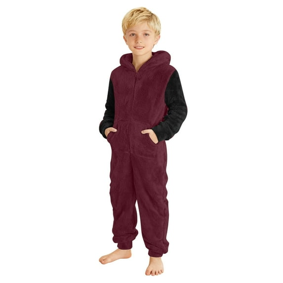 XIMIN Fleece Boys Jumpsuit Pajamas, Soft Zip Up Hooeded Sherpa Lined Romper Onesie, Winter Comfy Sleepwear with Pockets