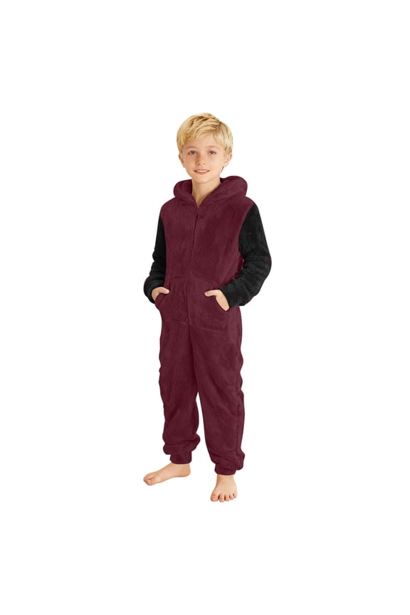 Fleece Boys Jumpsuit Pajamas, Soft Zip Up Hooeded Sherpa Lined Romper Onesie, Winter Comfy Sleepwear with Pockets