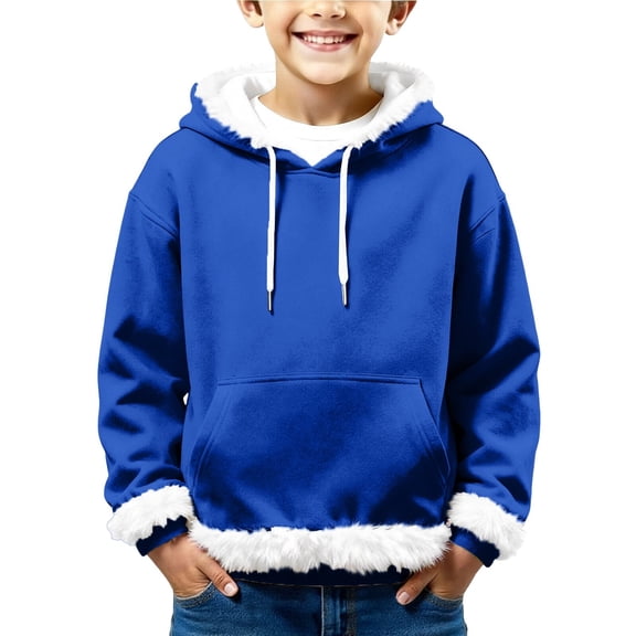 XIMIN Fleece Hoodies Christmas Hoodie for Boys Girls Xmas Solid Color Faux Fur Trim Furry Collar Sherpa Lined Sweatshirts with Pocket Oversized Unisex Long Sleeve Pullover Tops