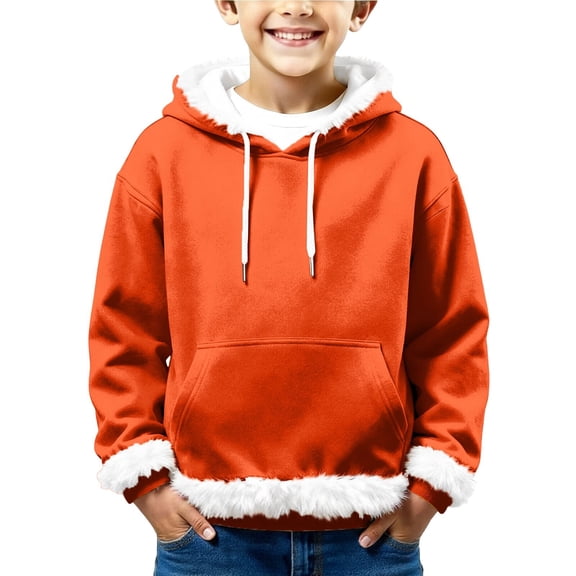 XIMIN Fleece Hoodies Christmas Hoodie for Boys Girls Xmas Solid Color Faux Fur Trim Furry Collar Sherpa Lined Sweatshirts with Pocket Oversized Unisex Long Sleeve Pullover Tops