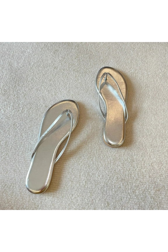 Flip Flops for Women Sandals Leather Ultra Lightweight Slippers Beach Summer Casual Comfortable PU Strap Shower Flat Sandals (35, Silver)