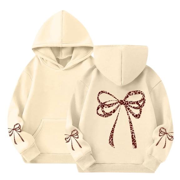 XIMIN Girl's Bow Leopard Hoodies Cheetah Graphic Long Sleeve Pullover Tops Cute Preppy Aesthetic School Oversized Clothes Cute Sweatshirts Hoodies