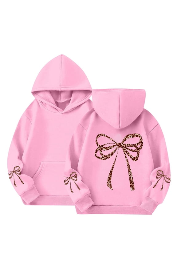 Girl's Bow Leopard Hoodies Cheetah Graphic Long Sleeve Pullover Tops Cute Preppy Aesthetic School Oversized Clothes Cute Sweatshirts Hoodies