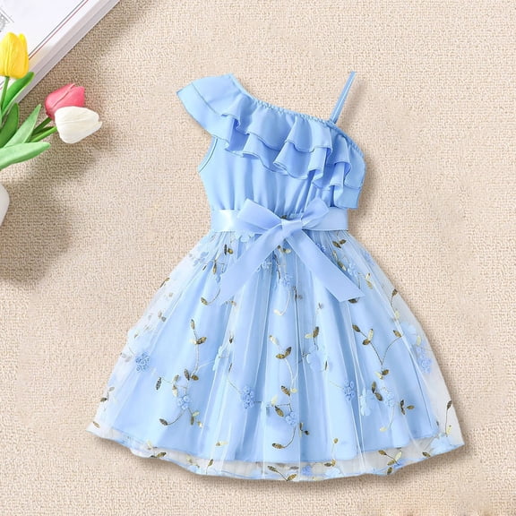 XIMIN Girl's Floral Appliques Mesh Ruffle One Shoulder Summer Cute Floral Trim Tulle Dress Kids Baby Princess Birthday Party Dresses A-Line Mesh Party Dresses