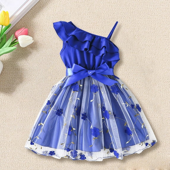 XIMIN Girl's Floral Appliques Mesh Ruffle One Shoulder Summer Cute Floral Trim Tulle Dress Kids Baby Princess Birthday Party Dresses A-Line Mesh Party Dresses