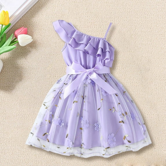 XIMIN Girl's Floral Appliques Mesh Ruffle One Shoulder Summer Cute Floral Trim Tulle Dress Kids Baby Princess Birthday Party Dresses A-Line Mesh Party Dresses