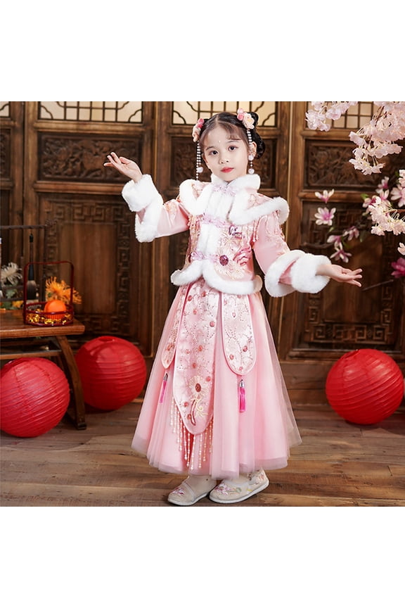 Girl's Hanfu Outfits Chinese New Year Tang Suit Fleece Emboridery Jacket Traditional Qipao Cheongsam Embroidered 2 Piece Outfit Velvet Fleece Coat Skirt Dress