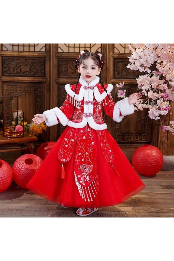 Girl's Hanfu Outfits Chinese New Year Tang Suit Fleece Emboridery Jacket Traditional Qipao Cheongsam Embroidered 2 Piece Outfit Velvet Fleece Coat Skirt Dress