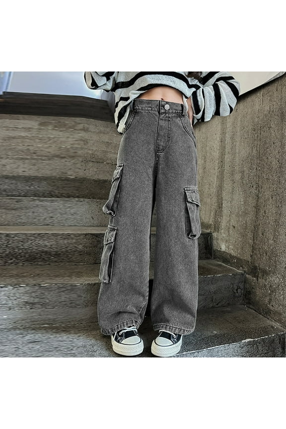 Girl's Jeans Cargo Denim Pants Elastic High Waisted Wide Leg Baggy Cargo Pants Casual Trendy Streetwear Grunge Emo Clothes with Pockets Distressed Jeans