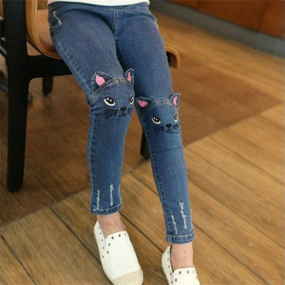 XIMIN Girl's Skinny Fit Pull on Jeggings Stretch Jeans for Teens Girls Kids Cargo Pants Distressed Ripped Hole Teens Jean Blue Cat Slim Print Elastic Waist Denim Pants