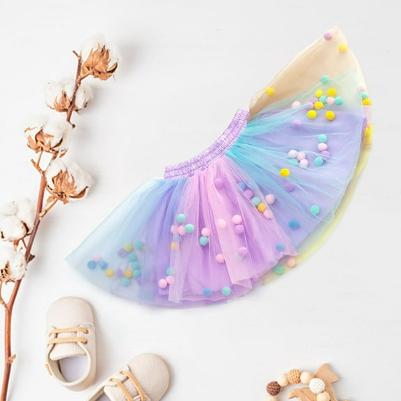 XIMIN Girl's Tutu Skirt Layered Tulle Princess Skirt With Puff Balls For Little Girls Birthday Dresses For Girls Rainbow Tutu Ballet Skirt (5-6 Years, A)