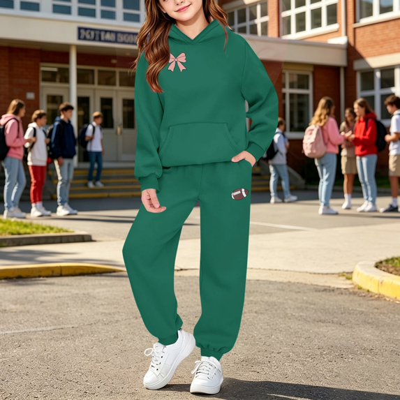 XIMIN Girls 2 Piece Outfits Football Bow Print Long Sleeve Hoodie Matching Jogger Pants Kids Loose Casual Sweatsuit Set (Green, 6-7Years)
