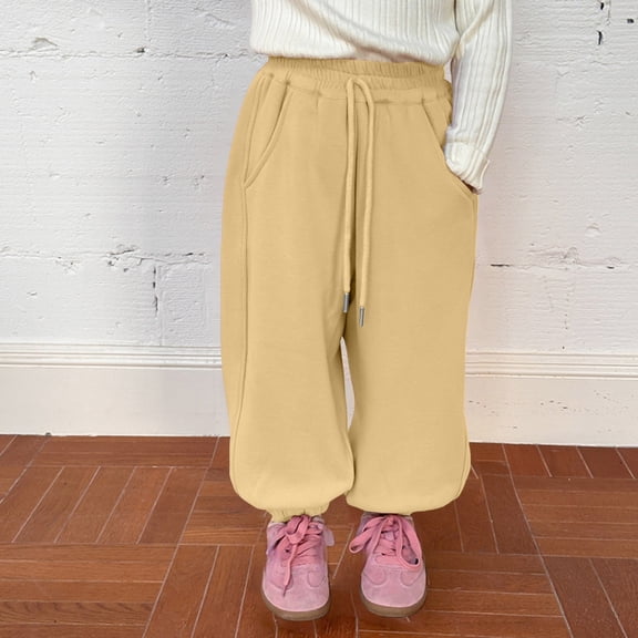 XIMIN Girls Barrel Straight Leg Loose Sweatpants Fleece Lined Drawstring Wide Leg Sweat Pants Cotton Elastic Waisted Trousers Jogger Pants with Pockets