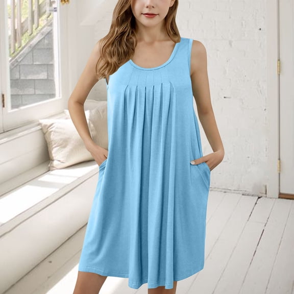 XIMIN Girls Basic Sleeveless Summer Pleated Tank Dress Crew Neck T Shirt Maxi Dresses with Pocket Cute A-Line Crewneck Princess Flowy Loose Casual Dresses
