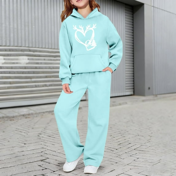 XIMIN Girls Boys 2 Piece Sweatsuit Lounge Set Long Sleeve Heart Graphic Oversized Tracksuit Preppy Aesthetic Clothing Set Pullover Hoodie and Sweatpants Sets