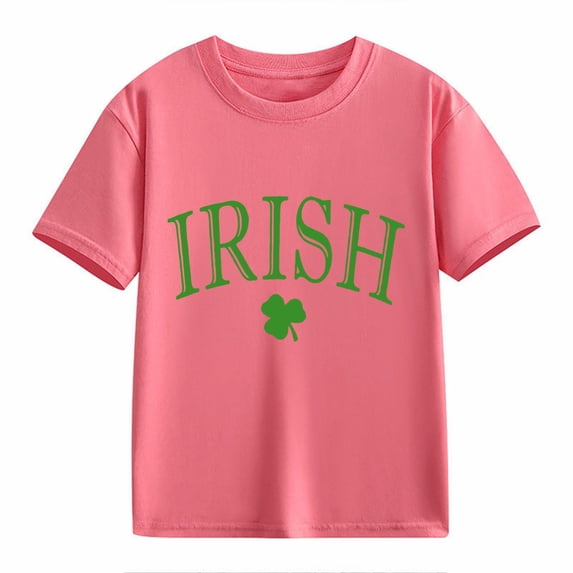 XIMIN Girls Boys Vintage "IRISH" Letter & Clover Kids' Short-Sleeve Crew Neck T-Shirt - Soft Emerald Green St. Patrick's Day Irish Heritage Top