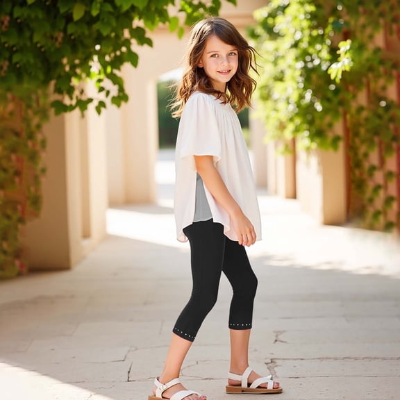 XIMIN Girls Capri Leggings Lace Trim Stretchy Cropped Yoga Pants Elastic High Waisted Kids Lightweight Athletic Tights Comfortable (5-6 Years, Black)