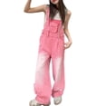 thumbnail image 1 of XIMIN Girls' Casual Wide Leg Denim Overalls - Vintage Star Embroidery Hem Baggy Jean Jumpsuit with Adjustable Straps for Daily Wear (Pink, 5-6 Years), 1 of 5