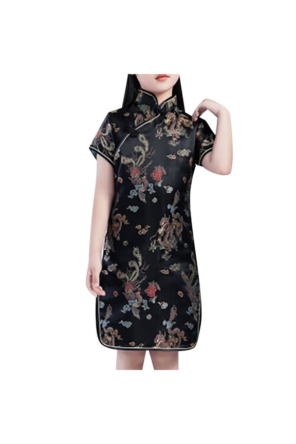 Girls Chinese Phoenix Qipao Dress Dragon Pattern Short Sleeve Traditional Cheongsam Chinese New Year Costume for Birthday Party Wedding