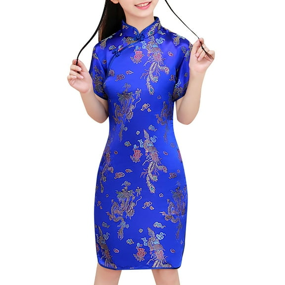 XIMIN Girls Chinese Phoenix Qipao Dress Dragon Pattern Short Sleeve Traditional Cheongsam Chinese New Year Costume for Birthday Party Wedding