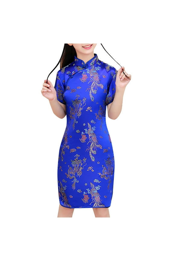 Girls Chinese Phoenix Qipao Dress Dragon Pattern Short Sleeve Traditional Cheongsam Chinese New Year Costume for Birthday Party Wedding