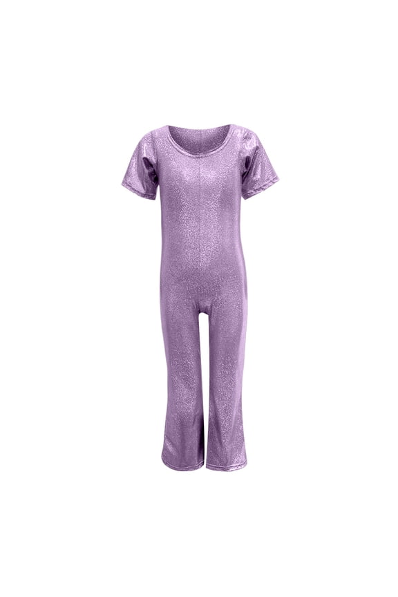 Girls Christmas Sequin Body Suit Kids Shiny Metallic Romper Short Sleeve Slim Stretch Spandex Jumpsuit One Piece Dance Performance Crewneck Zentai Suit