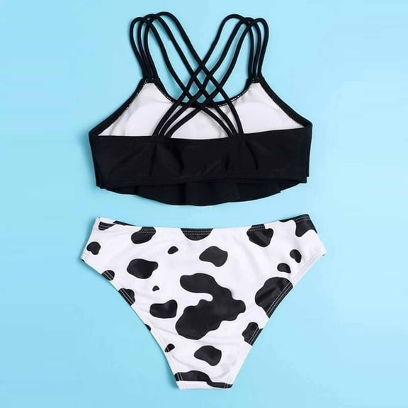 XIMIN Girls' Cow Two Piece Crisscross Floral Print Back Cute Summer Swimsuit Girls Swimwear Comfortable Fashion Breathable Spring and Summer