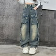 thumbnail image 1 of XIMIN Girls Denim Pants Y2K Cargo Trousers Jeans Fashion High Waist Floor Length Baggy Wide Leg Jeans Streetwear Denim Trousers with Multi Pockets, 1 of 7