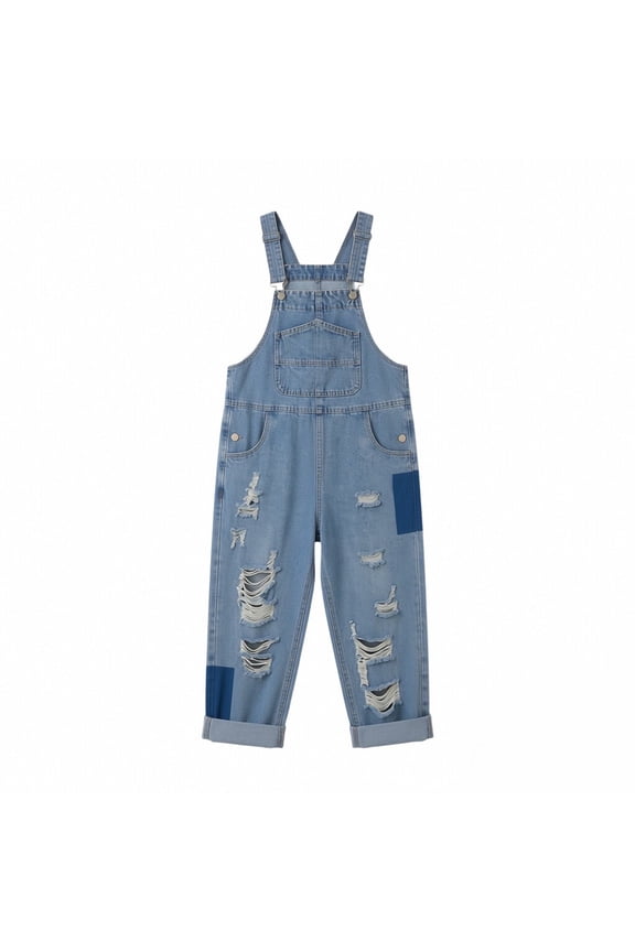 Girls' Distressed Patchwork Denim Overalls - Adjustable Strap Washed Jean Bib Overalls with Rolled Cuffs & Pockets (Blue, 5-6 Years)