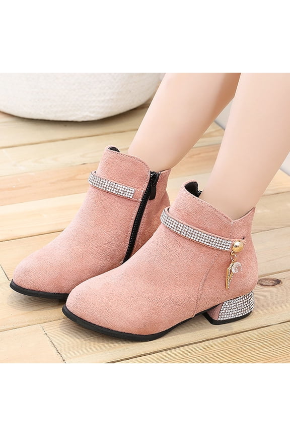 Girls Dress Boots Block Chunky Ankle Boots Short Boots Girls Toddler Ankle Boots Low Chunky Heel Side Zipper Fashion Dress Booties (4-4.5 Years, Pink)