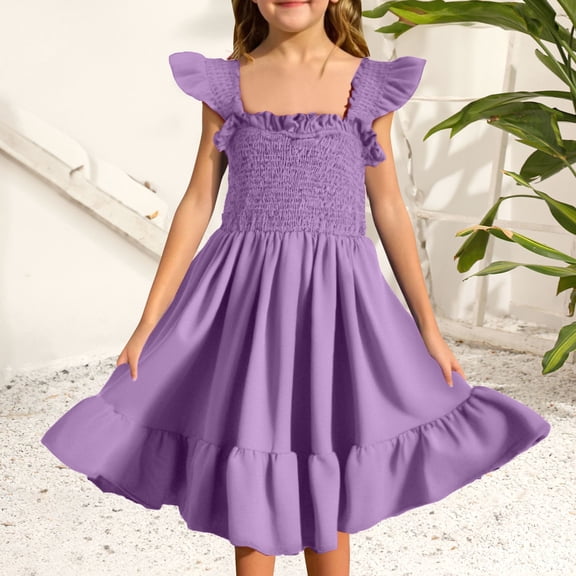 XIMIN Girls Dresses Flutter Sleeve Swing Casual Solid Color Tiered Smocked Dress Spring and Summer Fashion Breathable Comfortable