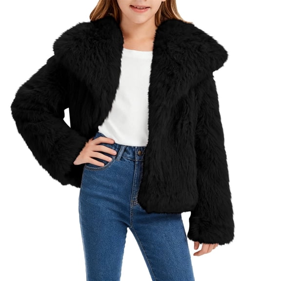 XIMIN Girls Faux Fur Coat Kids Windproof Thick Fluffy Insulated Fuzzy Jacket Long Sleeve Lapel Collar Open Front Jacket Warm Winter Shaggy Outerwear with Pockets