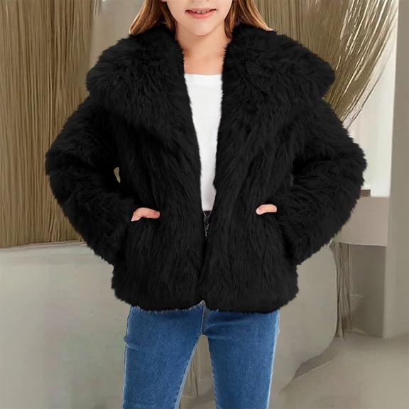 XIMIN Girls Faux Fur Coat Kids Windproof Thick Fluffy Long Sleeve Cozy Lapel Collar Plush Outerwear Open Front Fuzzy Jacket Warm Winter Shaggy Outwear with Pockets