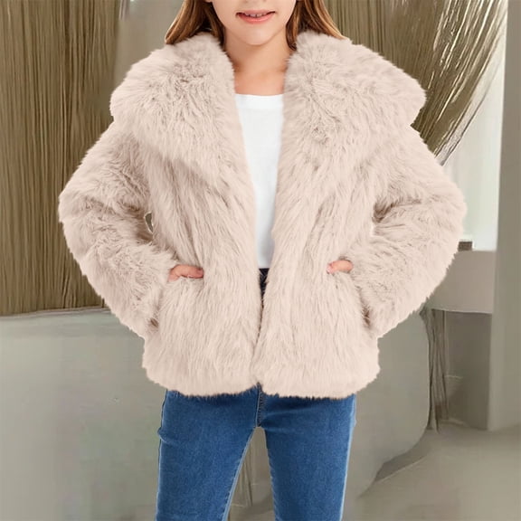 XIMIN Girls Faux Fur Coat Kids Windproof Thick Fluffy Long Sleeve Cozy Lapel Collar Plush Outerwear Open Front Fuzzy Jacket Warm Winter Shaggy Outwear with Pockets