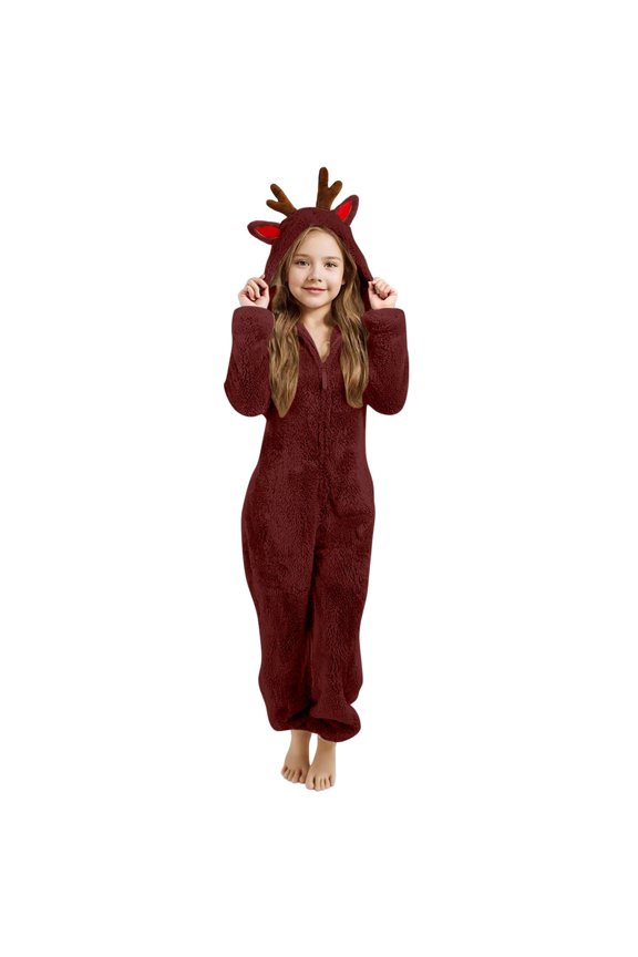 Girls Fleece Jumpsuit for Fall Winter, Zip Up Fuzzy Sherpa Onesie with Cute ELK Hood, Plain Furry Warm Soft Outfit