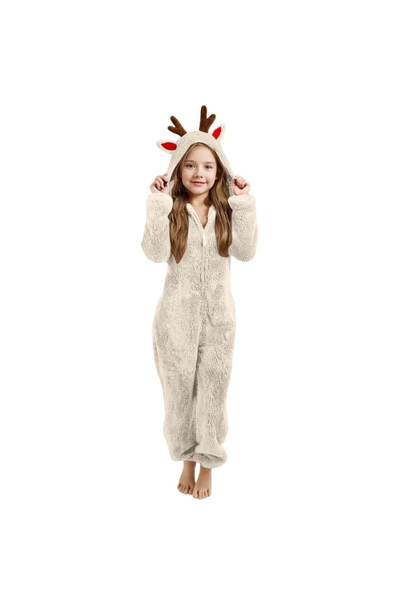 Girls Fleece Jumpsuit for Fall Winter, Zip Up Fuzzy Sherpa Onesie with Cute ELK Hood, Plain Furry Warm Soft Outfit