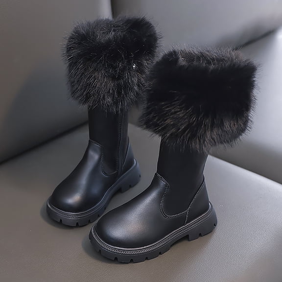 XIMIN Girls Fleece Lined Knee High Boots PU Leather Non-Slip Snow Bootie Soft Faux Fur Lining Boots with Side Zipper Kids Winter Tall Riding Mid Calf Boots