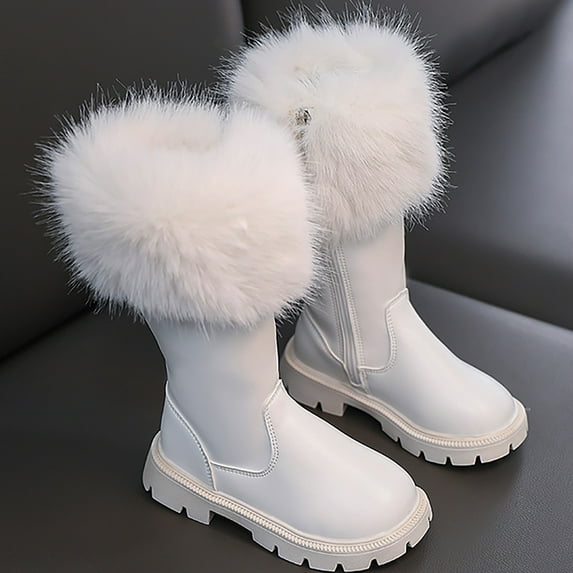 XIMIN Girls Fleece Lined Knee High Boots PU Leather Non-Slip Snow Bootie Soft Faux Fur Lining Boots with Side Zipper Kids Winter Tall Riding Mid Calf Boots