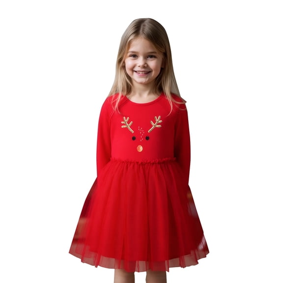 XIMIN Girls Flower Dress Patchwork Tulle Reindeer Antlers Pattern Tutu Dress Elegant Princess Long Sleeve Solid Color Kids Girl Tulle Dresses Fall Winter Outfit