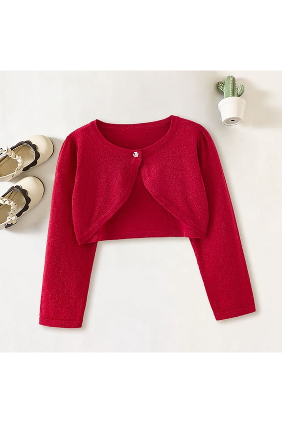 Girls Front Cardigan Sparkle Sweater Toddler Bolero Shrug Baby Kids Long Sleeve Dress Up Button Closure Cropped Jacket Tops (18-24 Months, Red)