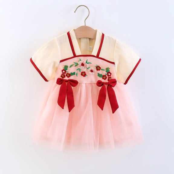 XIMIN Girls' Hanfu Dresses Chinese Style Ancient Dress Short Sleeve Costumes Flower Embroidered Chiffon Mesh Puffy Princess Dresses Classical Outfit Set Clothes
