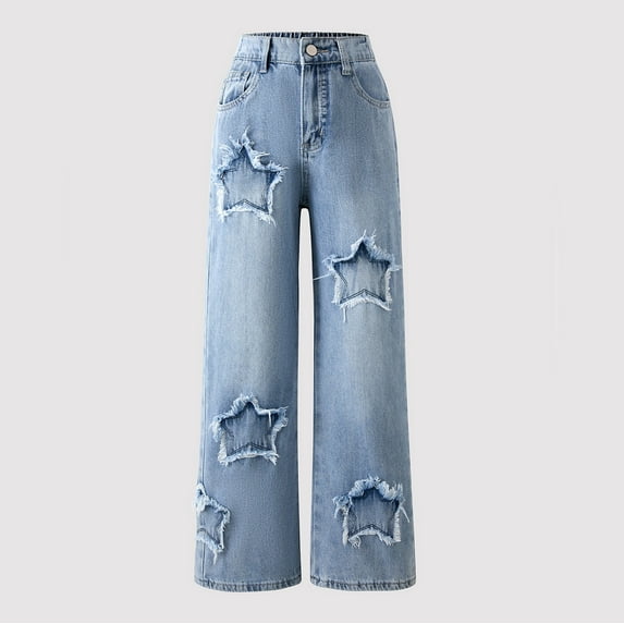 XIMIN Girls Jeans Baggy Wide Leg Cute Star Embroidery High Elastic Waisted Denim Pants Casual Pockets Denim Pants Y2K Boyfriend Skater Streetwear