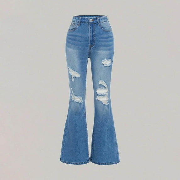 XIMIN Girls Jeans Pants Wide Leg/Flare/Skinny Denim Pant Ripped High Waist Elastic Band Casual with Pockets Fashion Casual Comfortable Kids (11-12 Years, Blue)