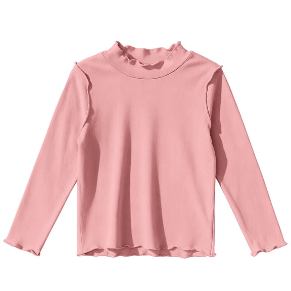 XIMIN Girls Lettuce Edge Trim Mock Neck Long Sleeve Undershirts Slim Fit T-Shirt Solid Color Tops Lightweight Soft Knit Underwear Tops Tee