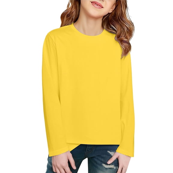 XIMIN Girls Long Sleeve Soft Cotton T Shirt Solid Color Plain Tees Winter Layering Crew Neck Basic Pullover Shirt Casual Cozy Breathable Undershirt