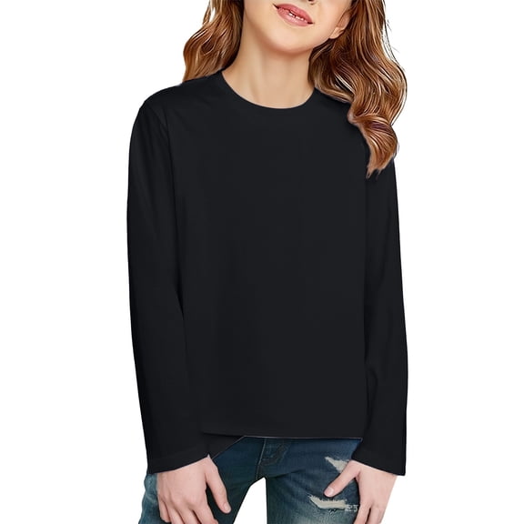 XIMIN Girls Long Sleeve Soft Cotton T Shirt Solid Color Plain Tees Winter Layering Crew Neck Basic Pullover Shirt Casual Cozy Breathable Undershirt