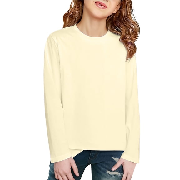 XIMIN Girls Long Sleeve Soft Cotton T Shirt Solid Color Plain Tees Winter Layering Crew Neck Basic Pullover Shirt Casual Cozy Breathable Undershirt