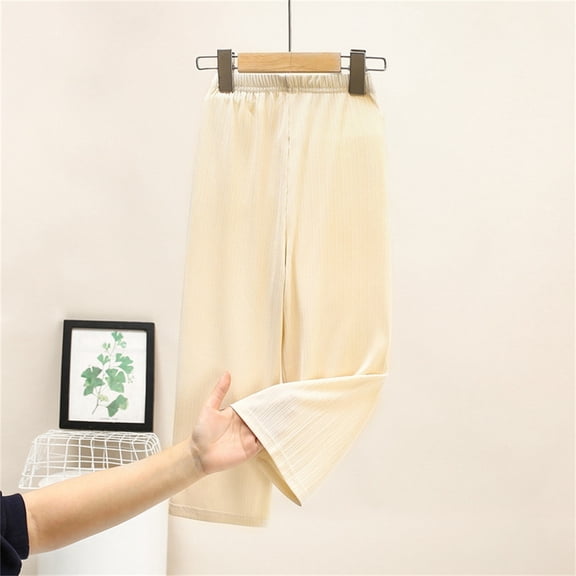 XIMIN Girls Loose Straight Long Lounge Pants Petite Cotton Gauze Pants Elastic Waist Plain Wide Leg Lightweight Sweatpants with Pockets Kids Fall School Casual Trousers