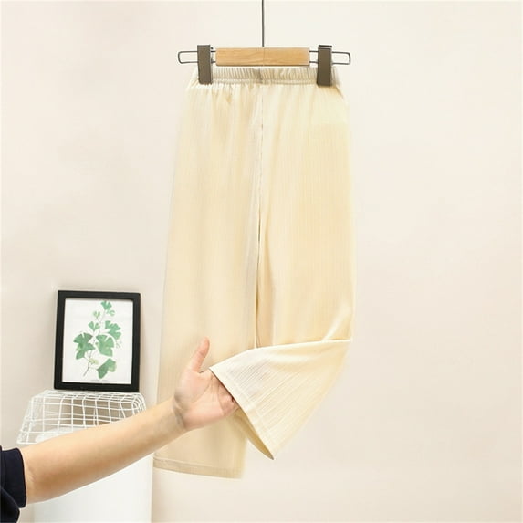 XIMIN Girls Loose Straight Long Lounge Pants Petite Cotton Gauze Pants Elastic Waist Plain Wide Leg Lightweight Sweatpants with Pockets Kids Fall School Casual Trousers